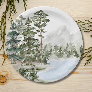 Monogrammed Green Pine Forest and Lake Paper Plate