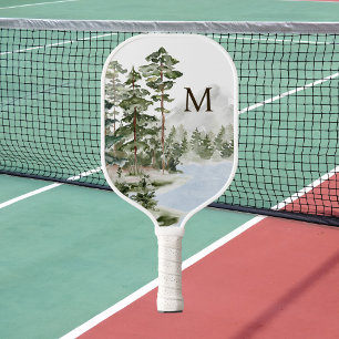 Monogrammed Green Pine Forest and Lake Pickleball Paddle