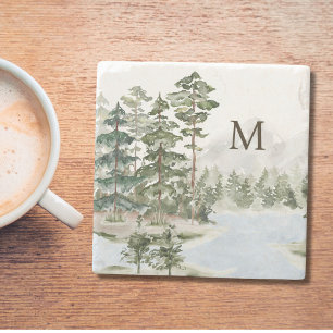 Monogrammed Green Pine Forest and Lake Stone Coaster