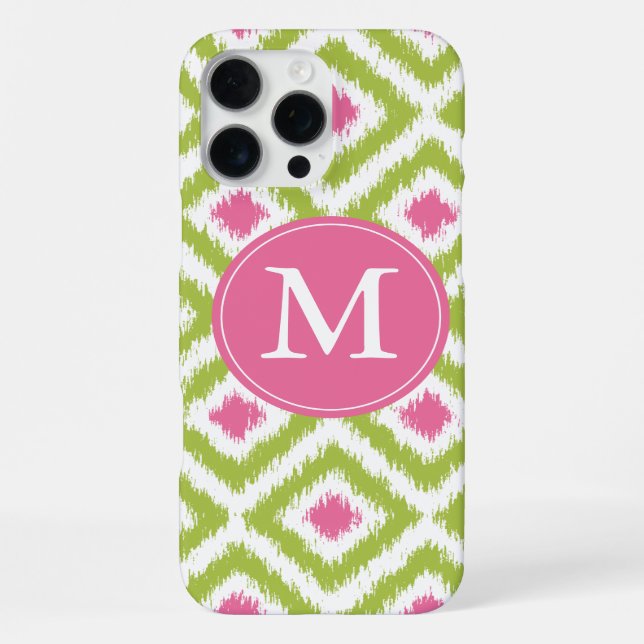 Monogrammed Green Pink Diamond Ikat Pattern iPhone Case (Back)