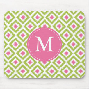 Monogrammed Green Pink Diamonds Ikat Pattern Mouse Mat
