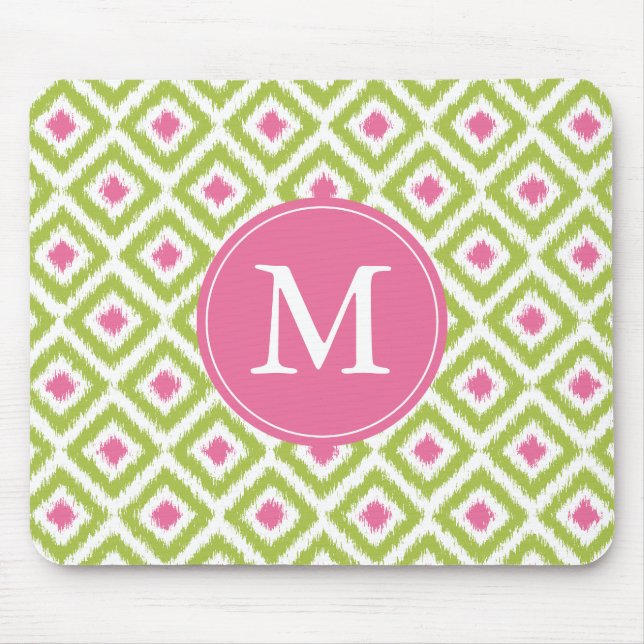 Monogrammed Green Pink Diamonds Ikat Pattern Mouse Mat (Front)