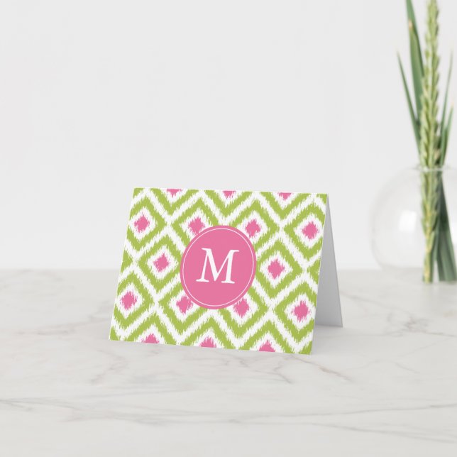 Monogrammed Green Pink Diamonds Ikat Pattern Note Card (Front)