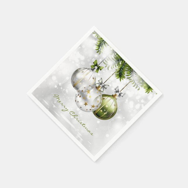 Monogrammed Green Silver Gold Christmas Ornaments Napkin (Corner)
