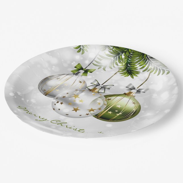 Monogrammed Green Silver Gold Christmas Ornaments Paper Plate (Angled)