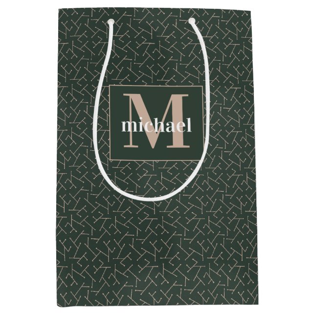 Monogrammed Green Tan Geometric Print Father's Day Medium Gift Bag (Front)