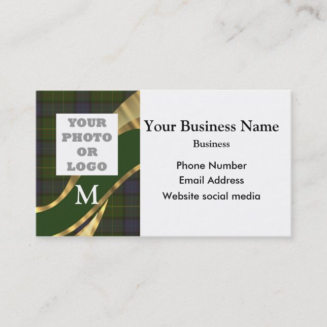 Monogrammed green tartan pattern company logo appointment card (Front)