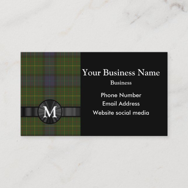 Monogrammed green tartan plaid business card (Front)