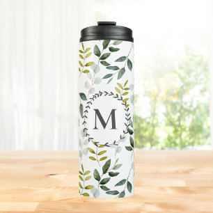 Monogrammed Green Tropical Eucalyptus Pattern Thermal Tumbler