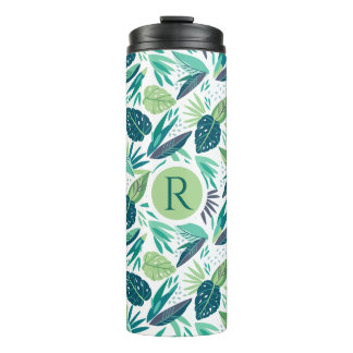 Monogrammed Green Tropical Leafs Pattern Thermal Tumbler