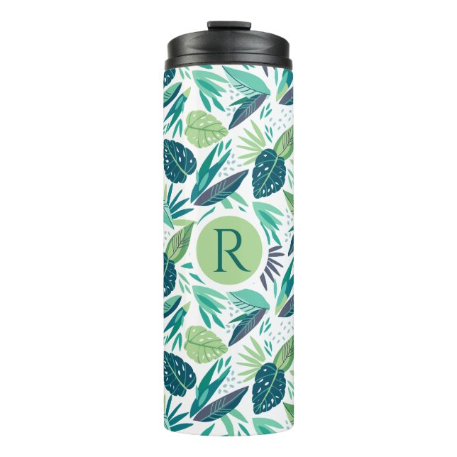 Monogrammed Green Tropical Leafs Pattern Thermal Tumbler (Front)