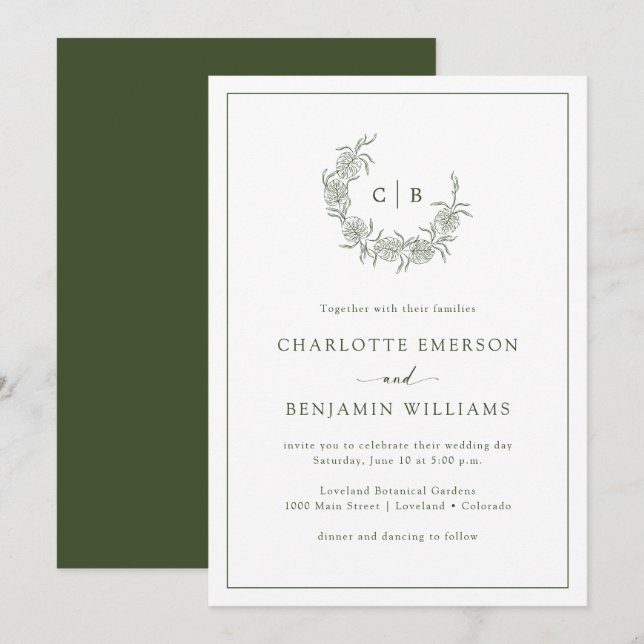 Monogrammed Green Wedding Invitations (Front/Back)