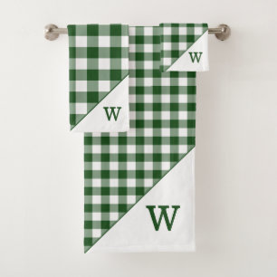 Monogrammed Green White Buffalo Plaid Pattern Bath Towel Set