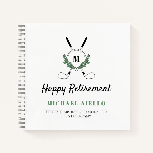 Monogrammed Greenery Golf Themed Retirement Party Notebook (Front)