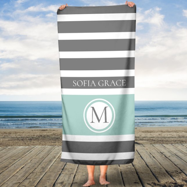 Monogrammed Grey and Mint Stripes Bath Towel (Creator Uploaded)
