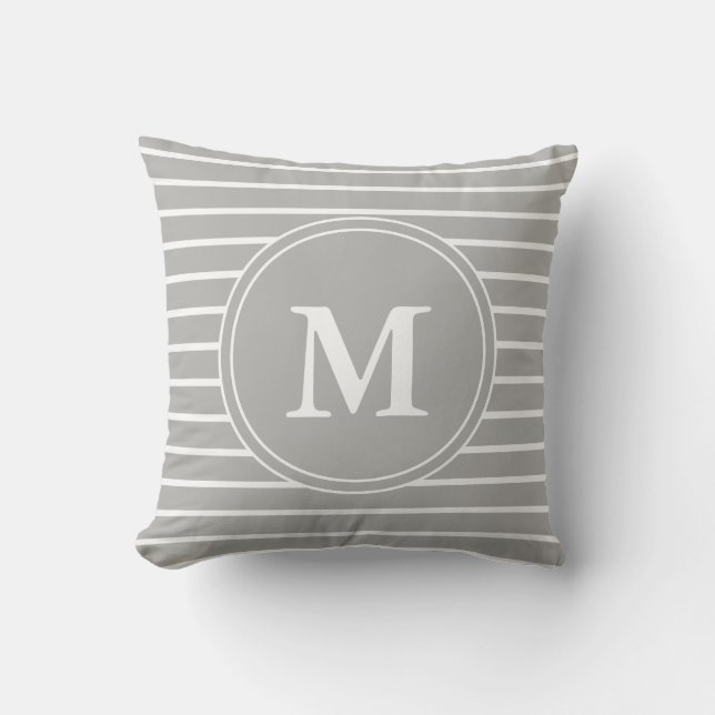 Monogrammed Grey and White Striped Pattern Cushion (Front)