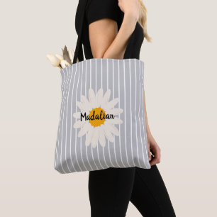 Monogrammed grey and white Swedish retro stripes Tote Bag