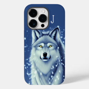 Monogrammed Grey and White Wolf Portrait iPhone 14 Pro Case