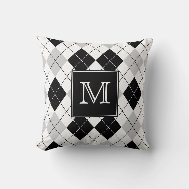 Monogrammed Grey Black and White Argyle Cushion (Front)