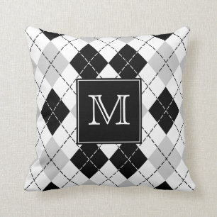 Monogrammed Grey Black and White Argyle Cushion