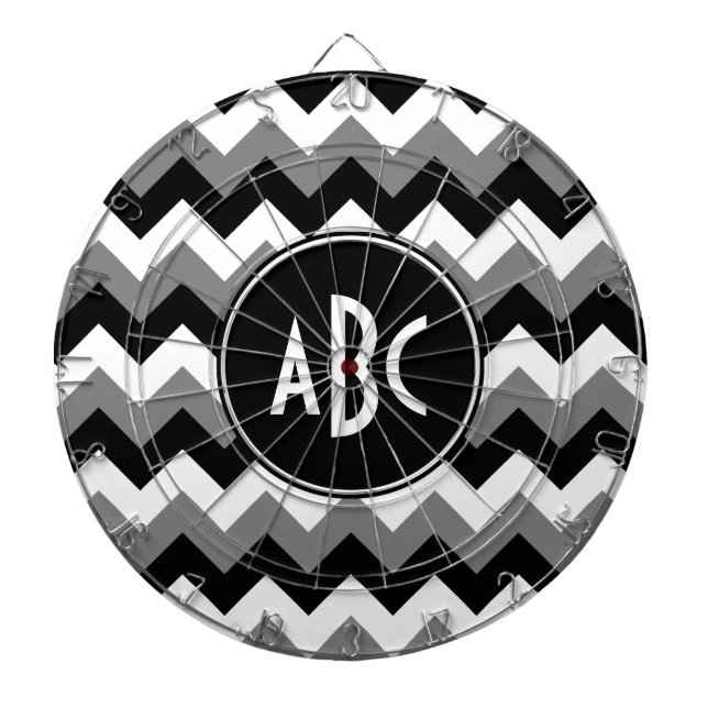 Monogrammed Grey Black and White Zigzag Dartboard (Front)