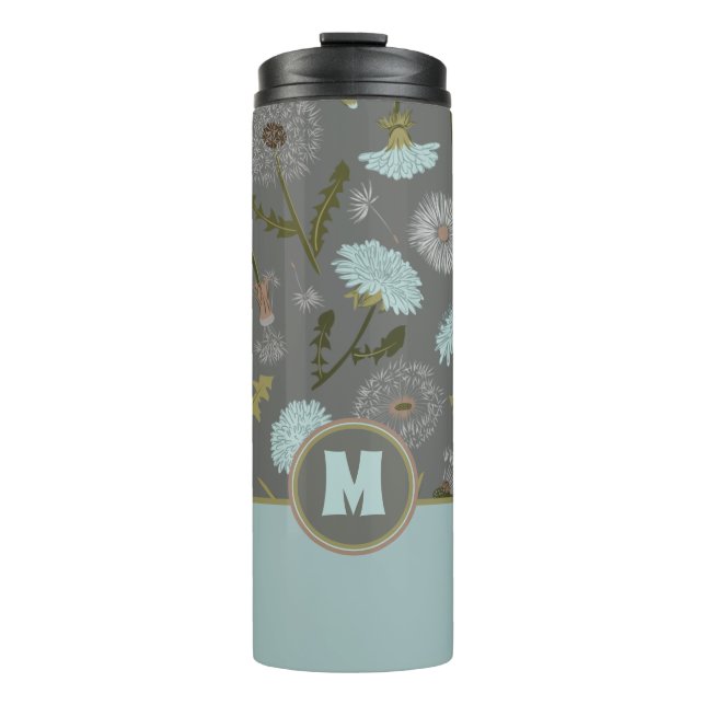 Monogrammed Grey Blue Dandelion Flowers Thermal Tumbler (Front)