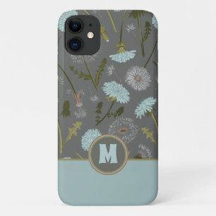 Monogrammed Grey Blue Dandelion Whimsical Flowers iPhone 11 Case