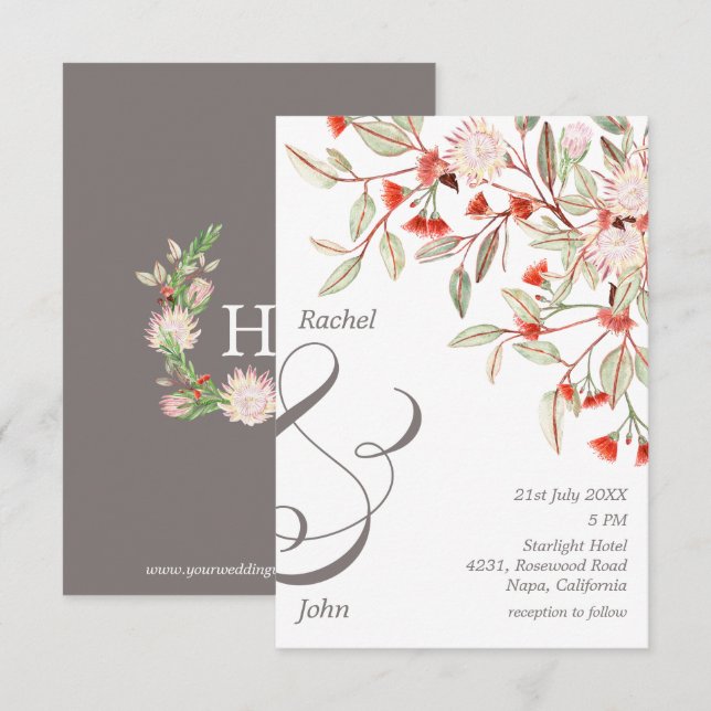 Monogrammed Grey & Blush Australian Floral Wedding Invitation (Front/Back)
