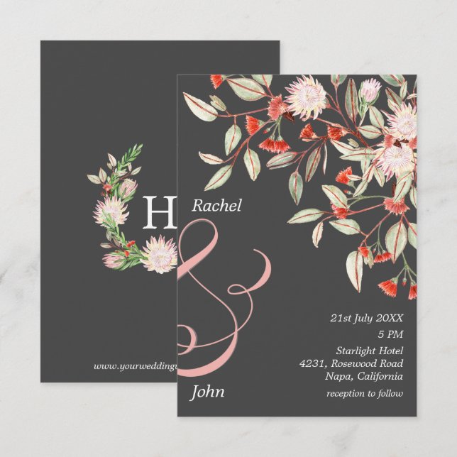 Monogrammed Grey & Blush Australian Floral Wedding Invitation (Front/Back)