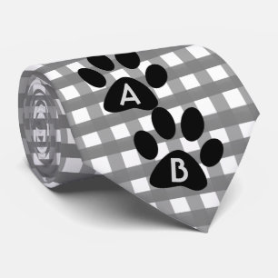 Monogrammed Grey Checkered Pattern w Pet Paw Print Tie