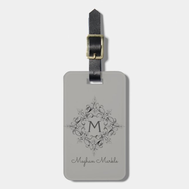 Monogrammed grey elegant script luggage tag (Front Vertical)