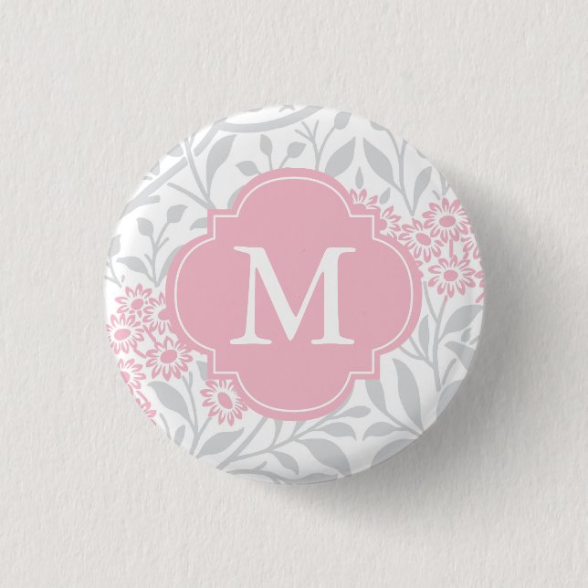 Monogrammed Grey Pink Floral Damask Pattern 3 Cm Round Badge (Front)