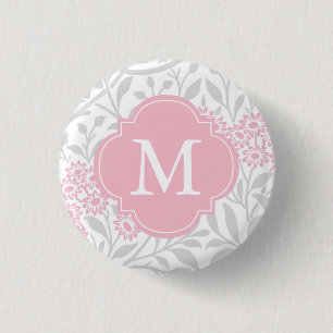 Monogrammed Grey Pink Floral Damask Pattern 3 Cm Round Badge