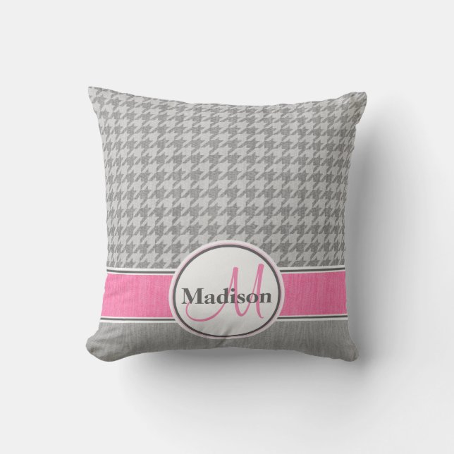 Monogrammed Grey Pink Houndstooth Pattern Cushion (Front)