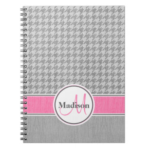 Monogrammed Grey Pink Houndstooth Pattern Notebook
