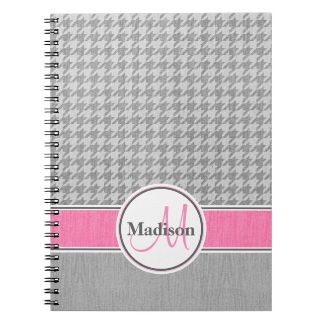 Monogrammed Grey Pink Houndstooth Pattern Notebook (Front)
