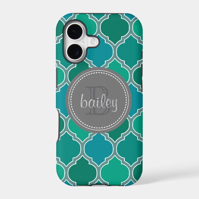 Monogrammed Grey Teal Modern Lattice Pattern (Back)