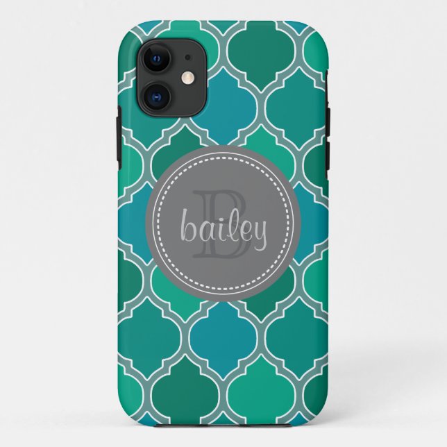 Monogrammed Grey Teal Modern Lattice Pattern Case-Mate iPhone Case (Back)