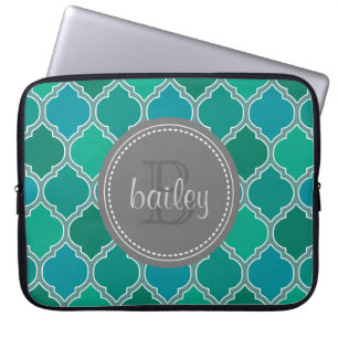 Monogrammed Grey Teal Modern Lattice Pattern Laptop Sleeve