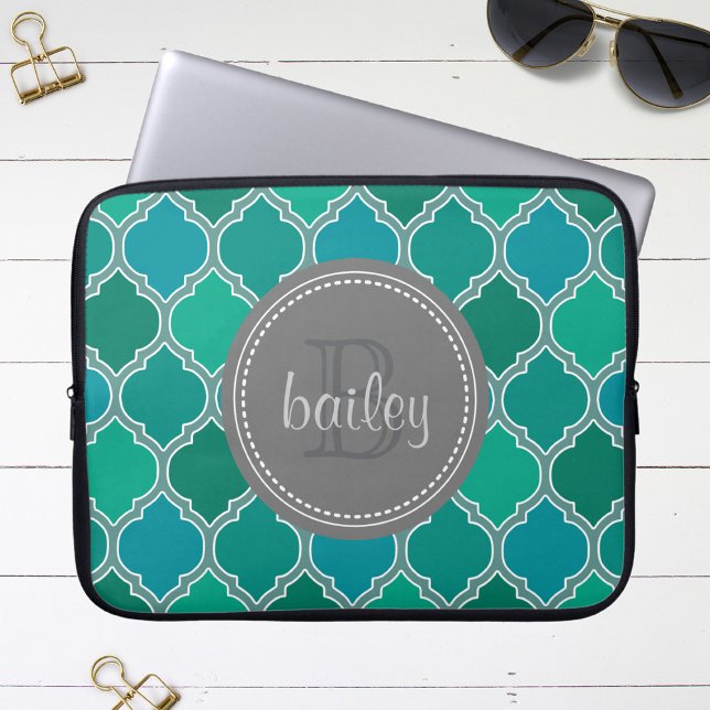 Monogrammed Grey Teal Modern Lattice Pattern Laptop Sleeve (Creator Uploaded)