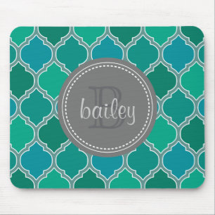 Monogrammed Grey Teal Modern Lattice Pattern Mouse Mat