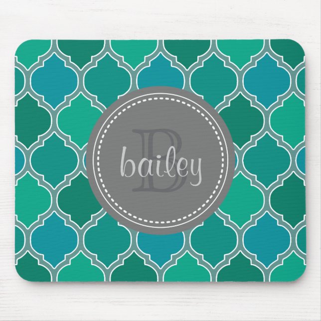 Monogrammed Grey Teal Modern Lattice Pattern Mouse Mat (Front)