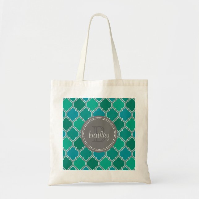Monogrammed Grey Teal Modern Lattice Pattern Tote Bag (Front)