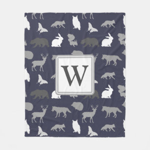 Monogrammed - Grey Woodland Creatures Fleece Blanket