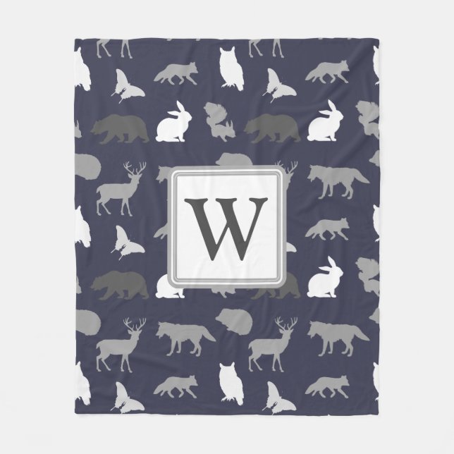 Monogrammed - Grey Woodland Creatures Fleece Blanket (Front)