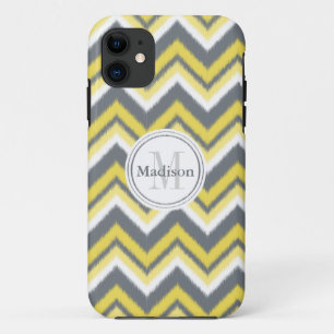 Monogrammed Grey Yellow Ikat Chevron Pattern iPhone 11 Case
