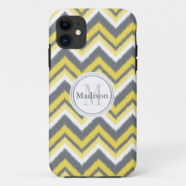 Monogrammed Grey Yellow Ikat Chevron Pattern Case-Mate iPhone Case (Back)