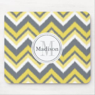 Monogrammed Grey Yellow Ikat Chevron Pattern Mouse Mat