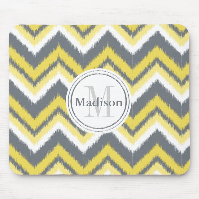 Monogrammed Grey Yellow Ikat Chevron Pattern Mouse Mat (Front)