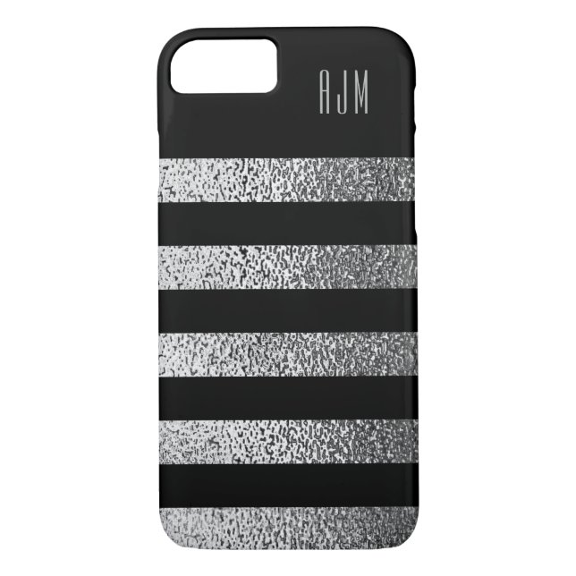 Monogrammed grunge SILVER Stripes Black Background Case-Mate iPhone Case (Back)